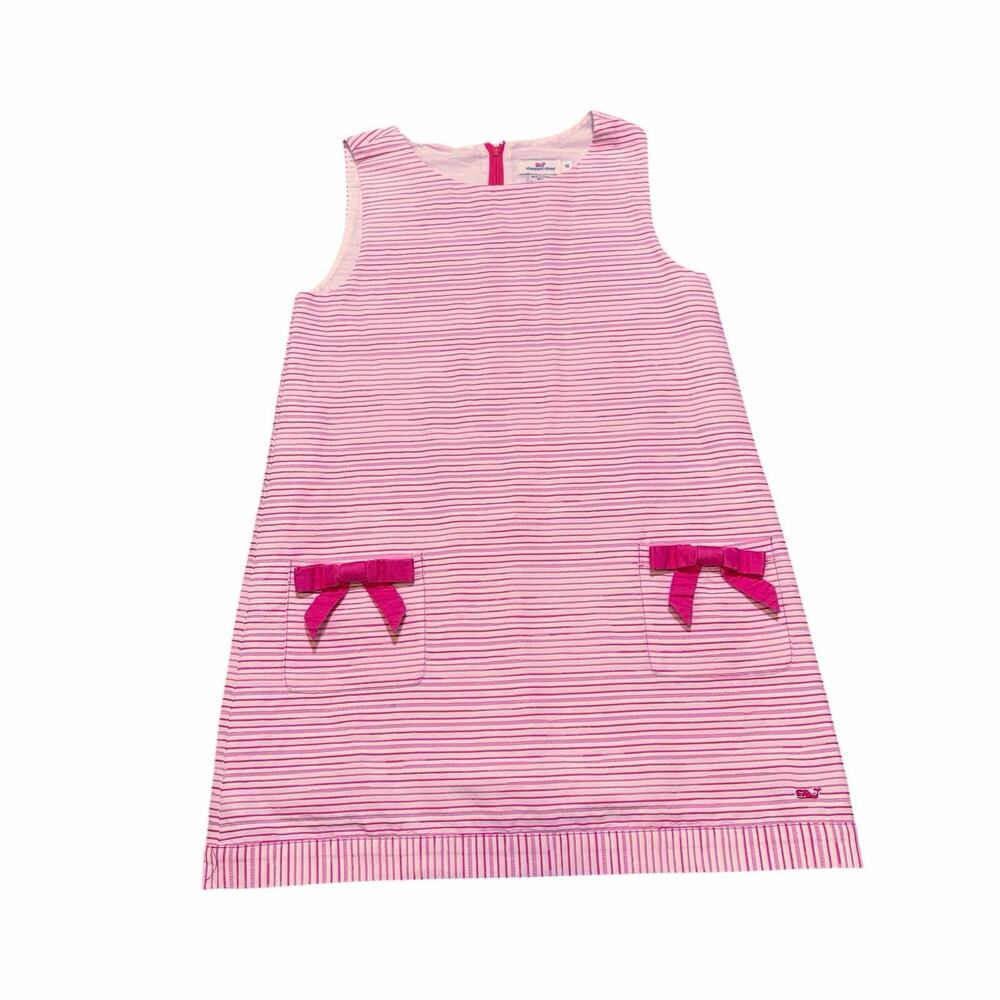 Vineyard Vines Girls Pink Stripe Bow Pocket Dress Size 14